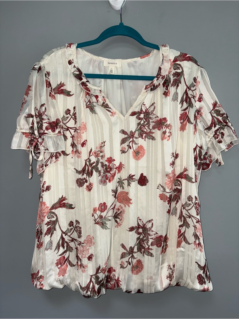 Tamara H Women’s Ivory V-Neck Pink Floral Blouse Gathered Waist Print Size 1X